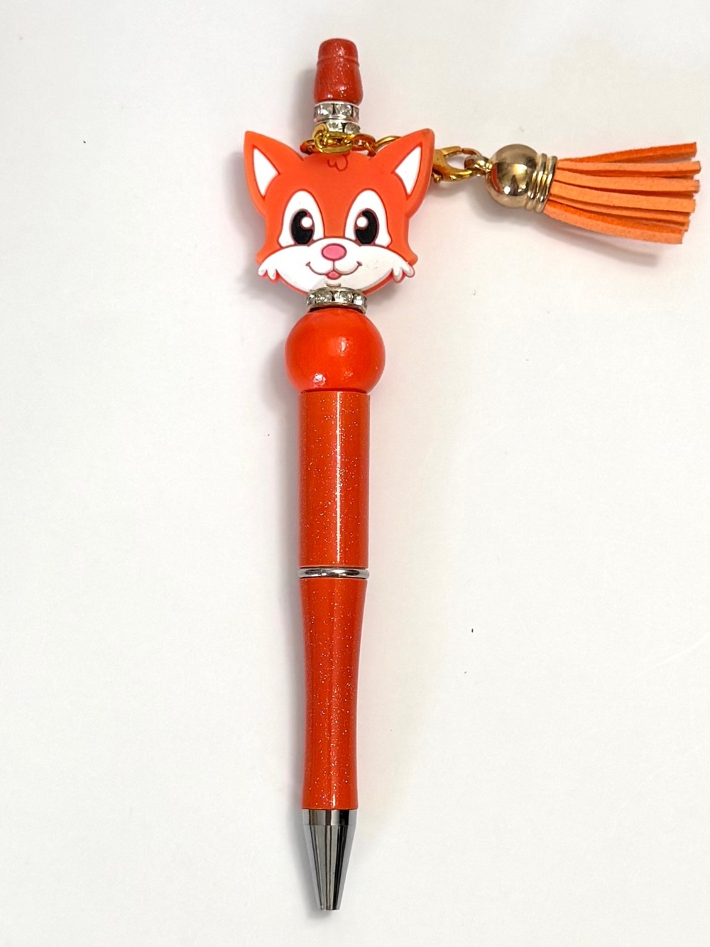 Hand Crafted Cute Fox Glitter Pen with Tassel Charm Orange Kawaii Ballpoint Pen
